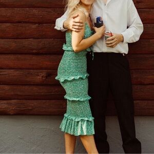 Alice Elle Tiered Ruffle Smocked Green Print Midi Dress 10‎